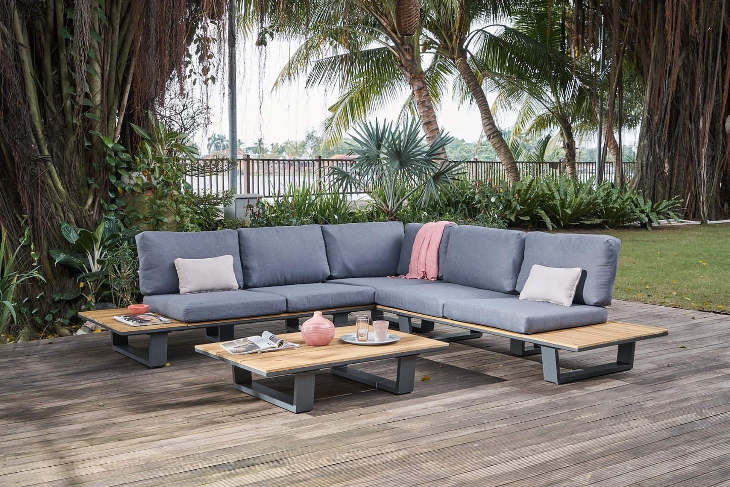 Loungeset JENNIFER - hoekbank - acaciahout - aluminium - naturel - antraciet